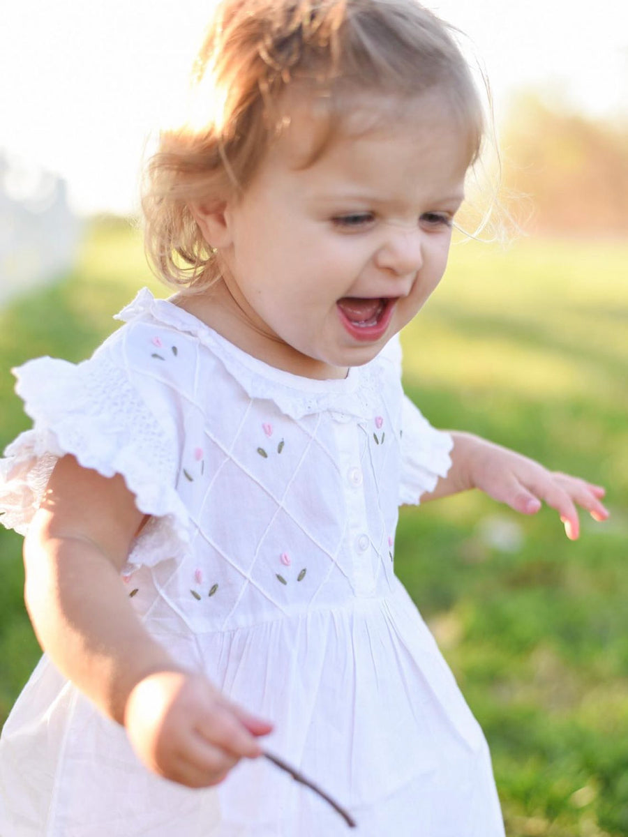 Rose White Cotton Dress, Embroidered