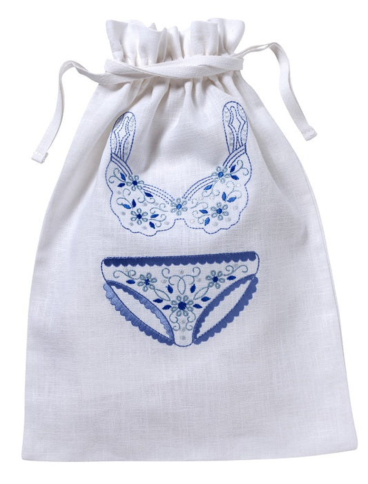 Lingerie Bag, White Cotton/Linen, Flower Bikini (Blue)