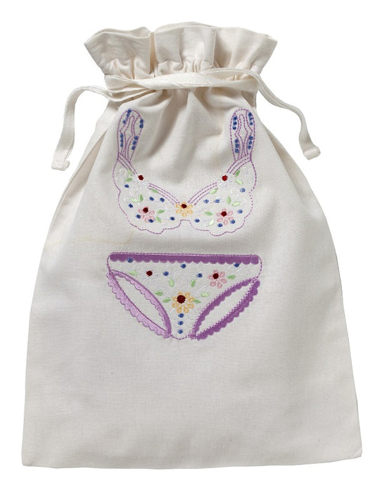Lingerie Bag, White Cotton/Linen, Flower Bikini (Lavender Multi)