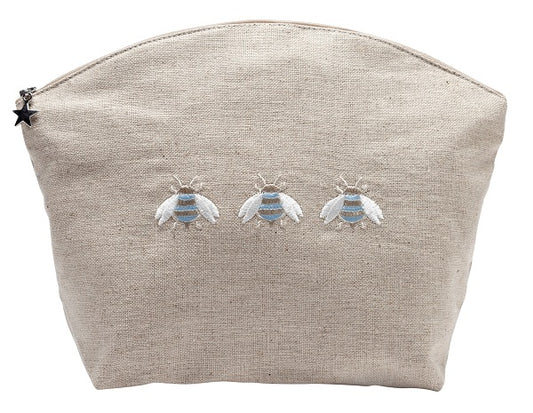 Cosmetic Bag, Natural Linen (Large), Three Napoleon Bees (Duck Egg Blue)