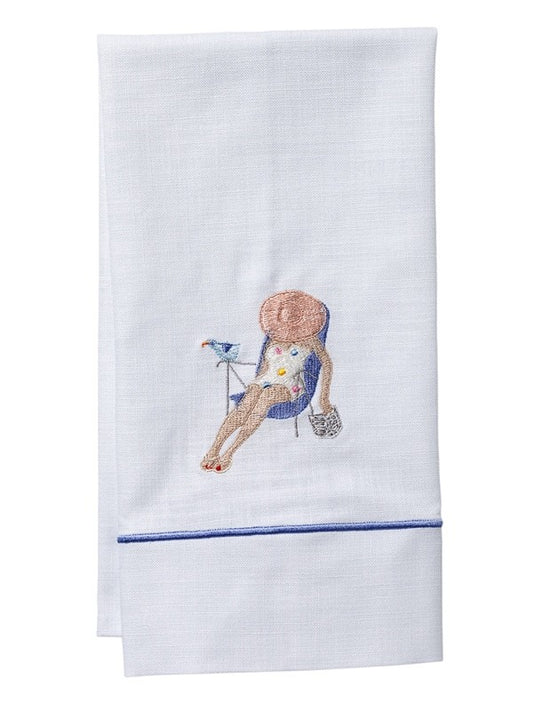 Guest Towel - White Linen/Cotton, Satin Stitch, Embroidered