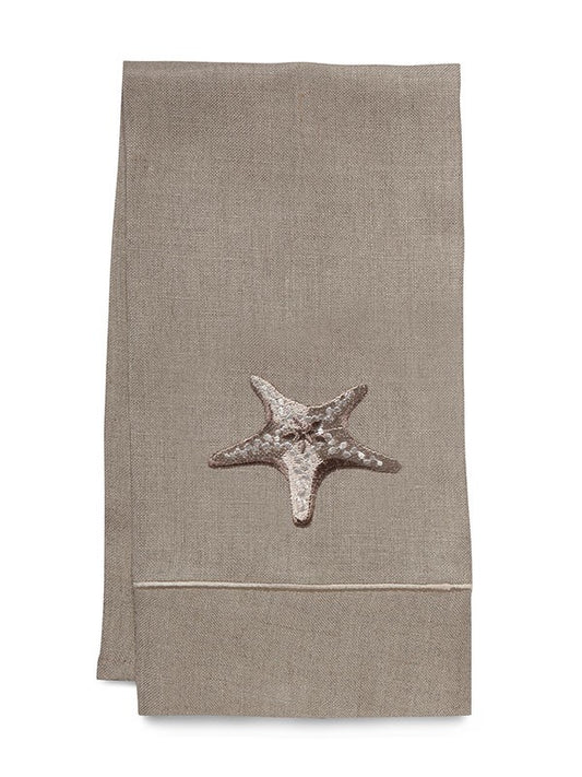 Guest Towel - Natural Linen, Satin Stitch, Embroidered