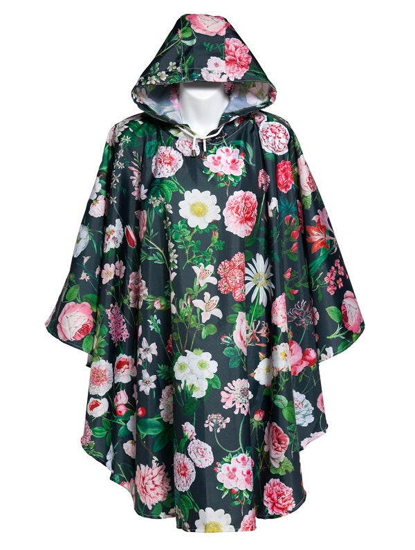 Poncho In A Bag, Peony Design (Black)