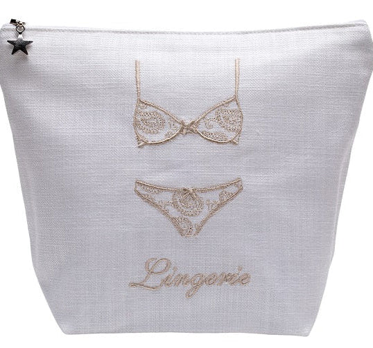 White pouch with lace lingerie design and 'Lingerie' text on a white background