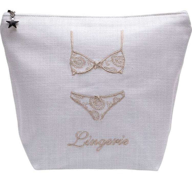 White pouch with lace lingerie design and 'Lingerie' text on a white background