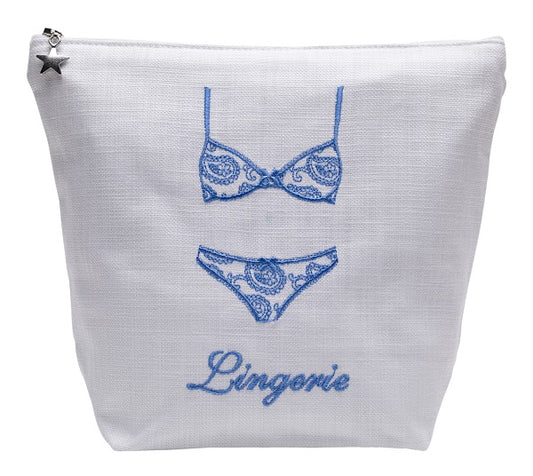 Lingerie Bag - White Linen / Cotton, Embroidered
