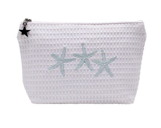 Cosmetic Bag (Small), Waffle Weave, Three Starfish (Aqua)