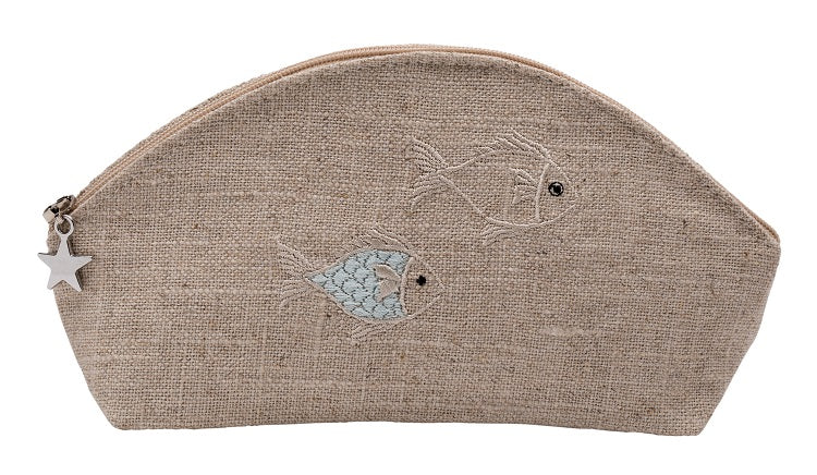 Cosmetic Bag, Natural Linen (Small), School of Fish (Aqua)
