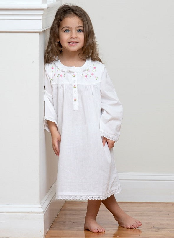 Ruby White Cotton Dress, Pink Rosebud Embroidery, Eyelet Lace