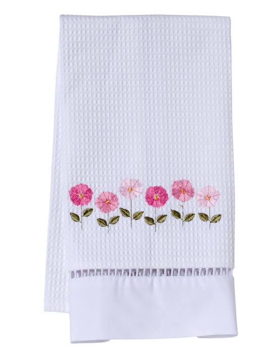 Guest Towel, Waffle Weave, Row of Flowers (Pink)