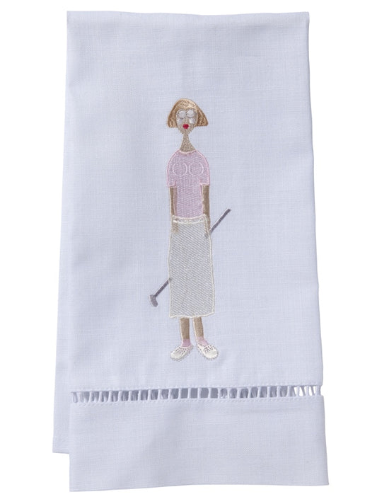 Guest Towel, White Linen/Cotton, Ladder Lace, Golf Lady (Pink)