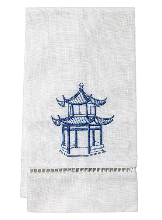Guest Towel, White Linen/Cotton & Ladder Lace, Pagoda (Blue)
