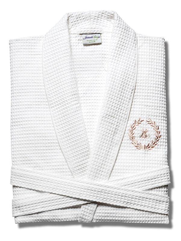 Bathrobe - White Waffle Weave, Embroidered (Napoleon Bee Wreath, Beige)
