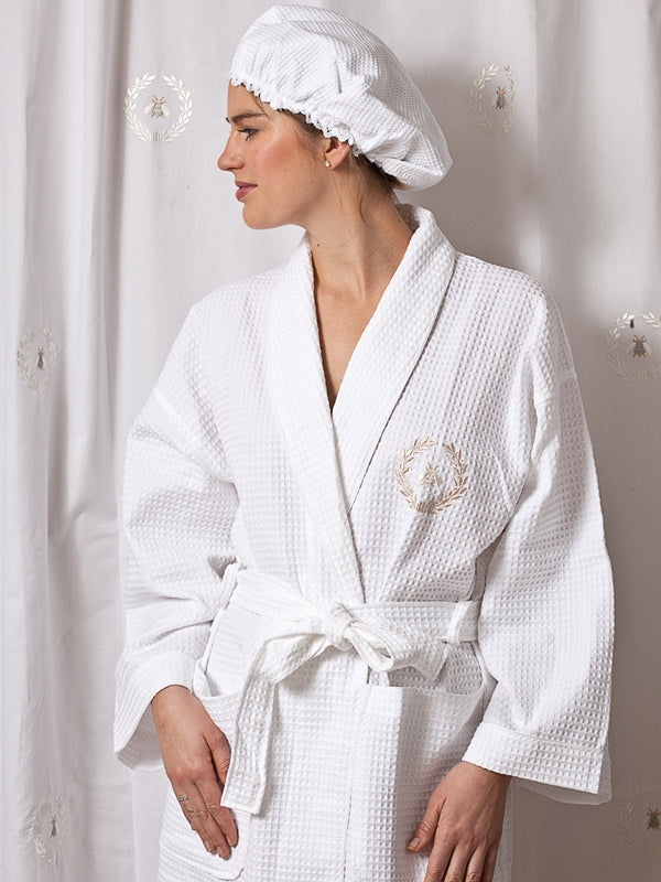 Bathrobe - White Waffle Weave, Embroidered (Napoleon Bee Wreath, Beige)