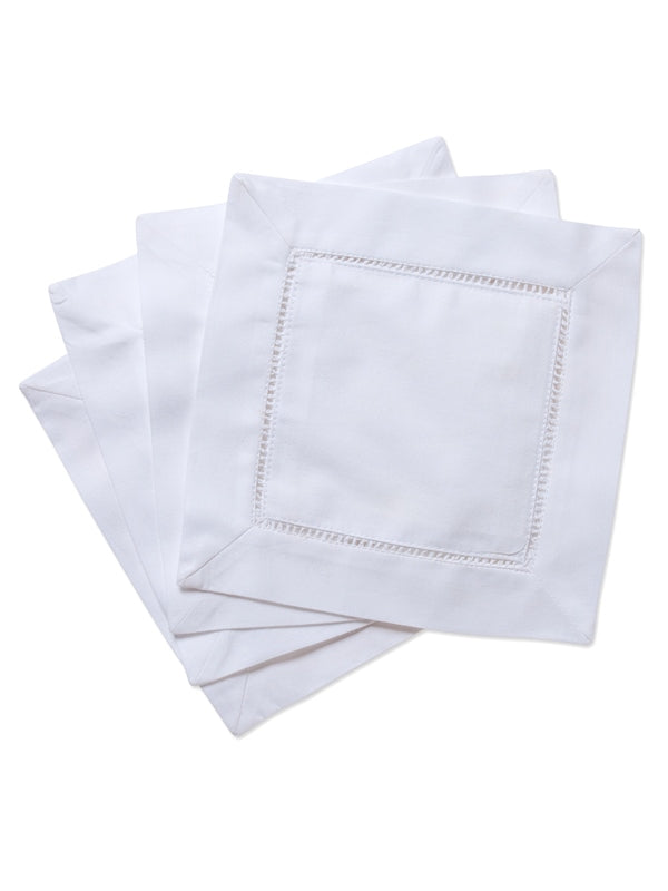 Cocktail Napkins - White Cotton With Hem Stitch (Set of 4)