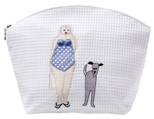 Cosmetic Bag (Large), Bathing Lady & Dog (Blue)