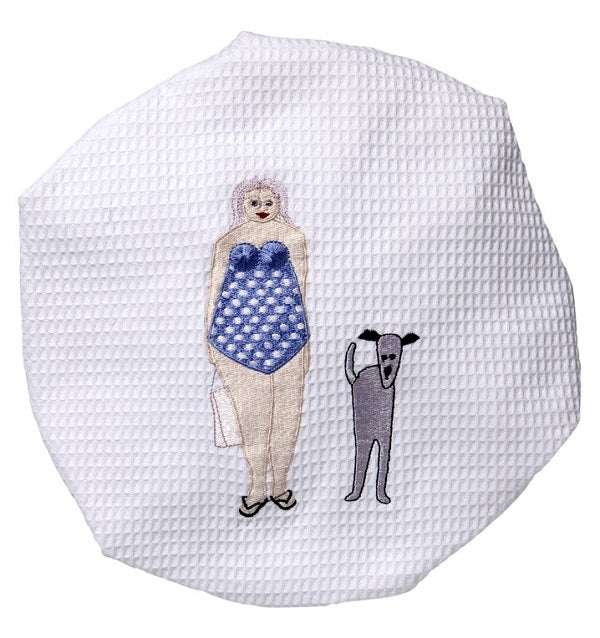 Shower Cap, Waffle Weave, Bathing Lady & Dog (Blue)