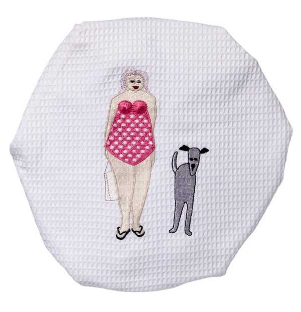 Shower Cap, Waffle Weave, Bathing Lady & Dog (Pink)