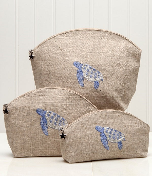 Cosmetic Bag, Natural Linen (Medium), Sea Turtle (Blue)