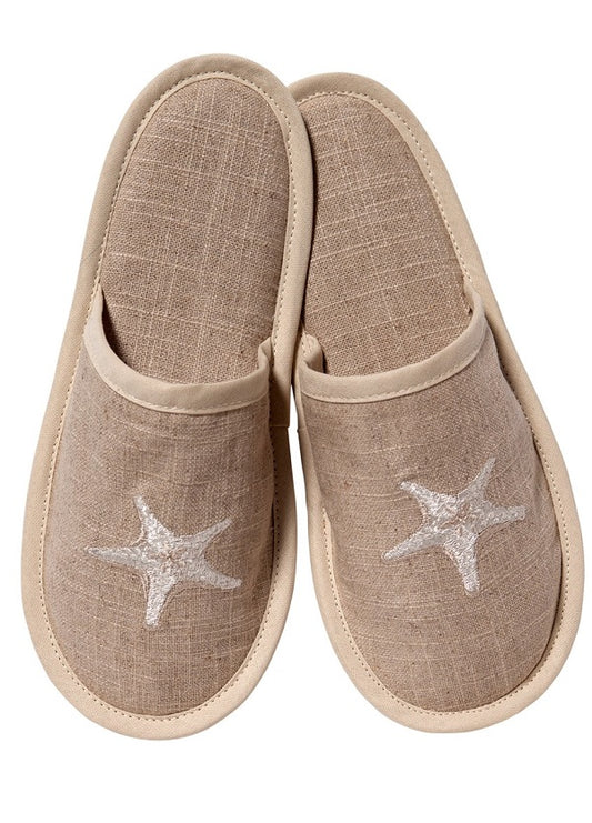 Slippers (Closed Toe) - Natural Linen, Embroidered