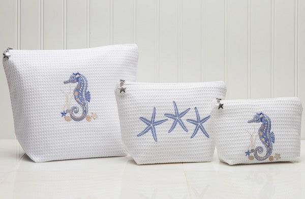 Cosmetic Bag (Large) - Waffle Weave - Seahorse & Shells (Blue)