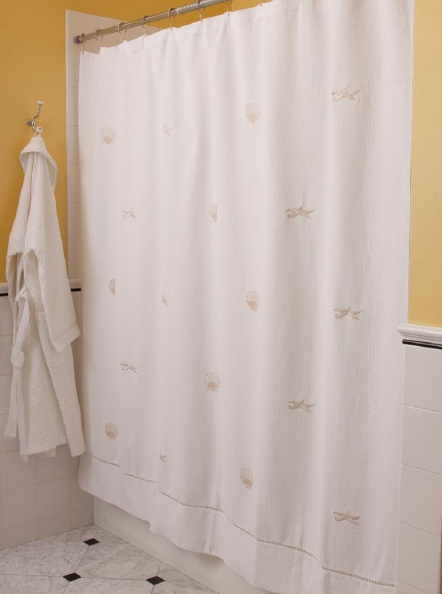 Shower Curtain, Pure Cotton Diamond Pique - Scallops & Starfish (Beige)
