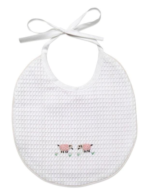 Baby Bib - White Waffle Weave, Gingham Lining, Hand Embroidered