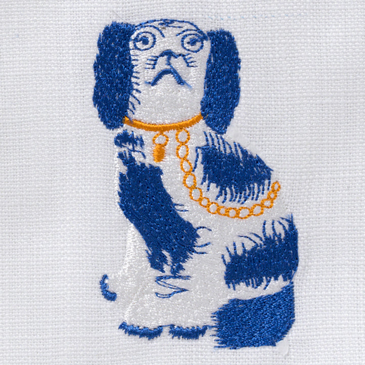 Guest Towel, White Linen/Cotton & Ladder Lace, Staffordshire Dog (Blue)