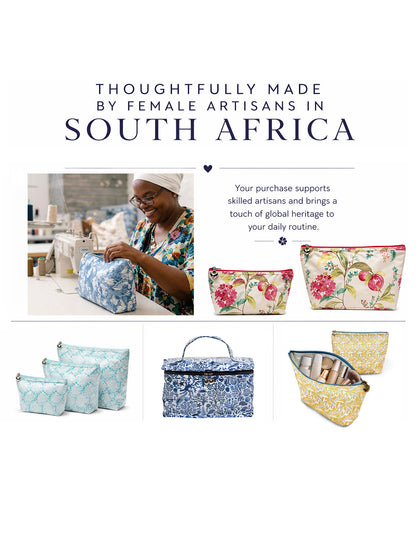 Floral and patterned bags with a woman working, text about female artisans in South Africa.