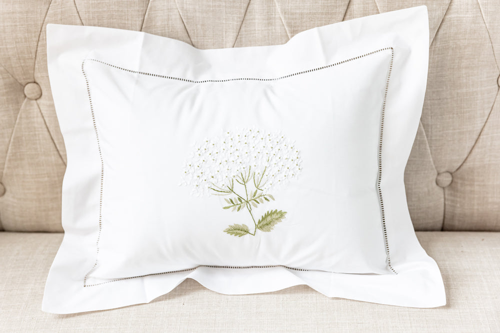 Boudoir Pillow Cover, Embroidered with Hem Stitch Border - Hydrangea (White)