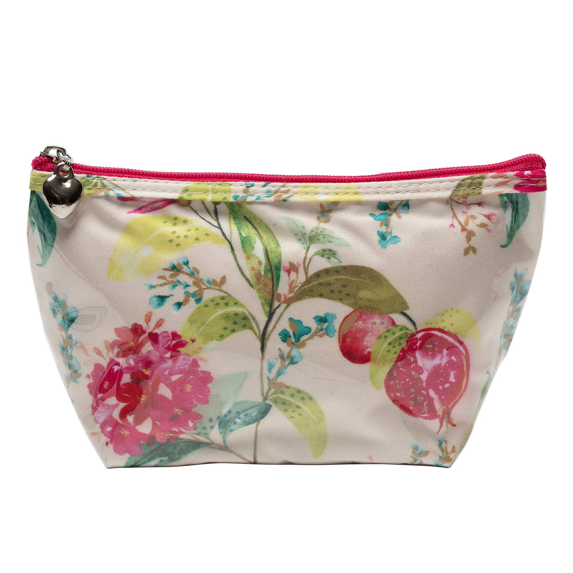 Floral-patterned pouch with a pink zipper on a white background