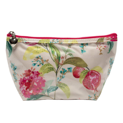 Floral-patterned pouch with a pink zipper on a white background