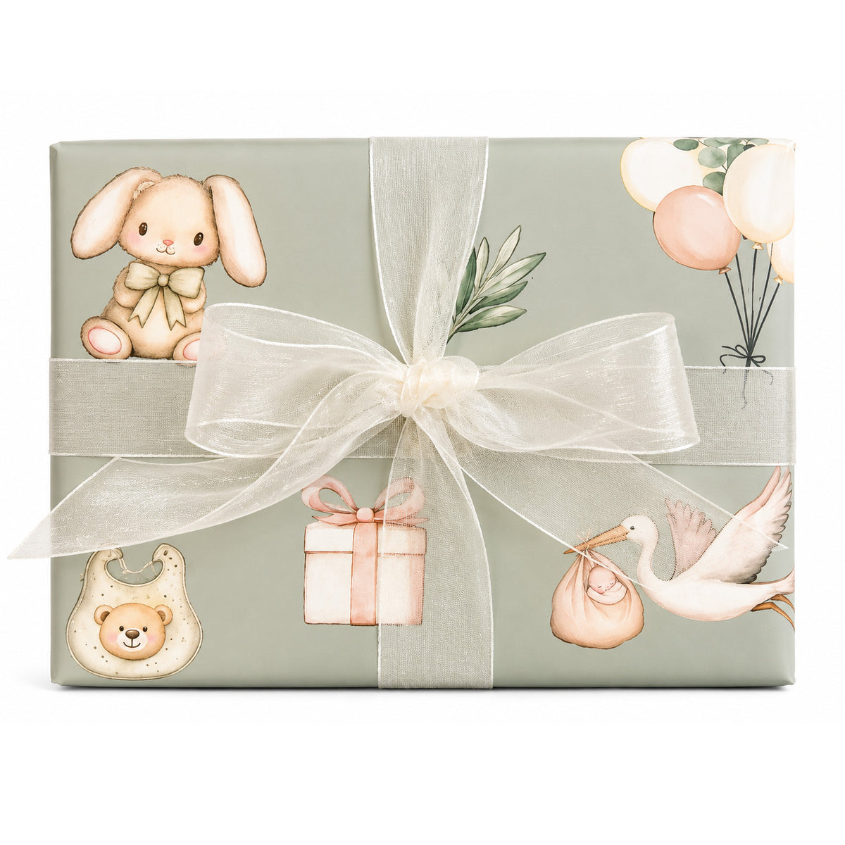 A square gift box wrapped in sage green wrapping paper with a watercolor baby-themed print, tied with a sheer white ribbon and bow. The print features a bunny, balloons, a gift box, a stork, and a teddy bear bib.