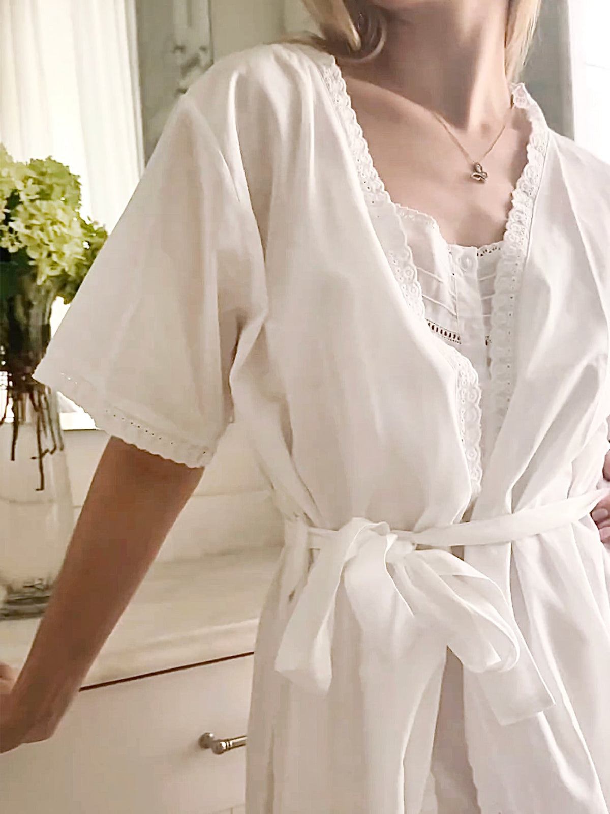 Bathrobe - White Cotton, Short Sleeve