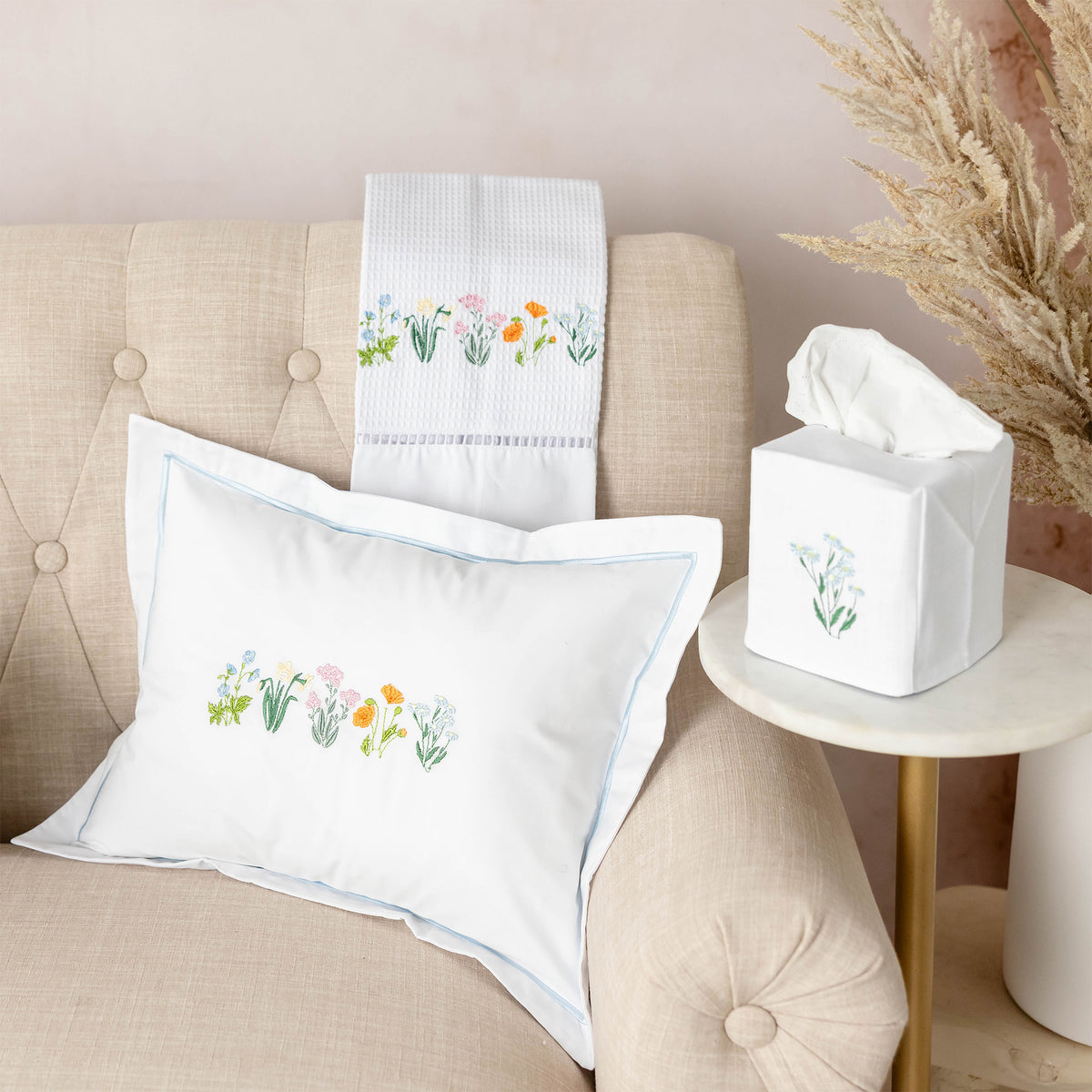 Boudoir Pillow Cover, Embroidered Botanical