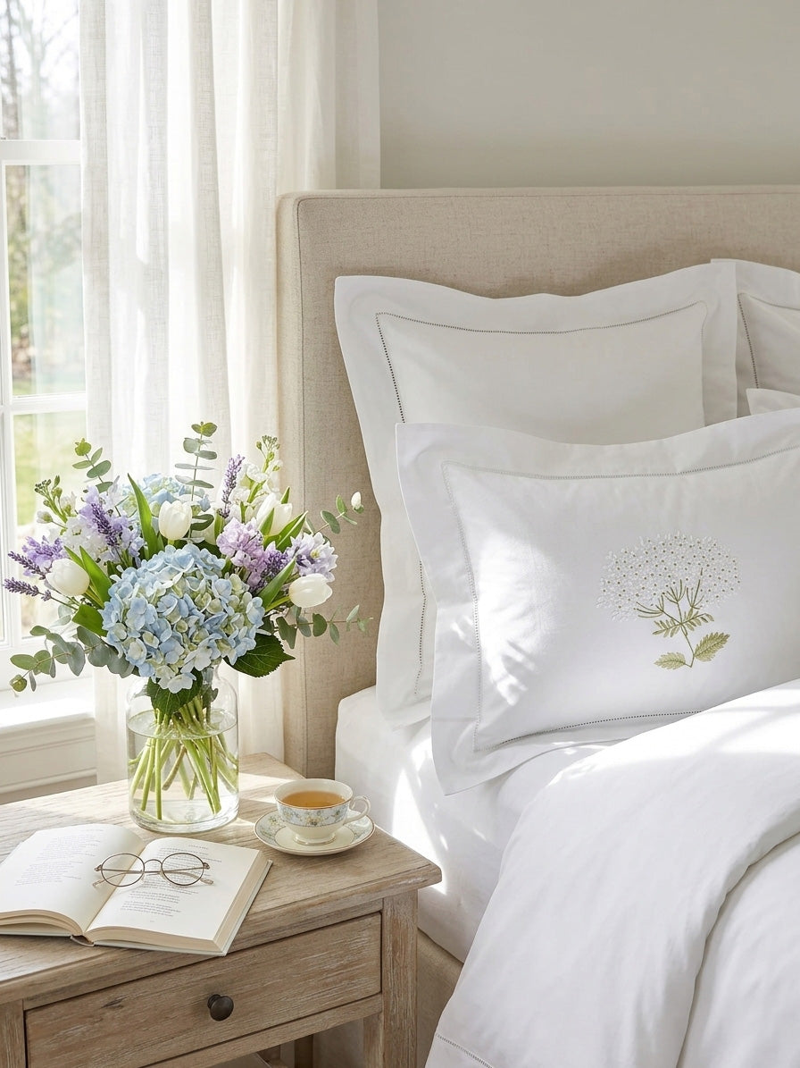 Boudoir Pillow Cover, Embroidered with Hem Stitch