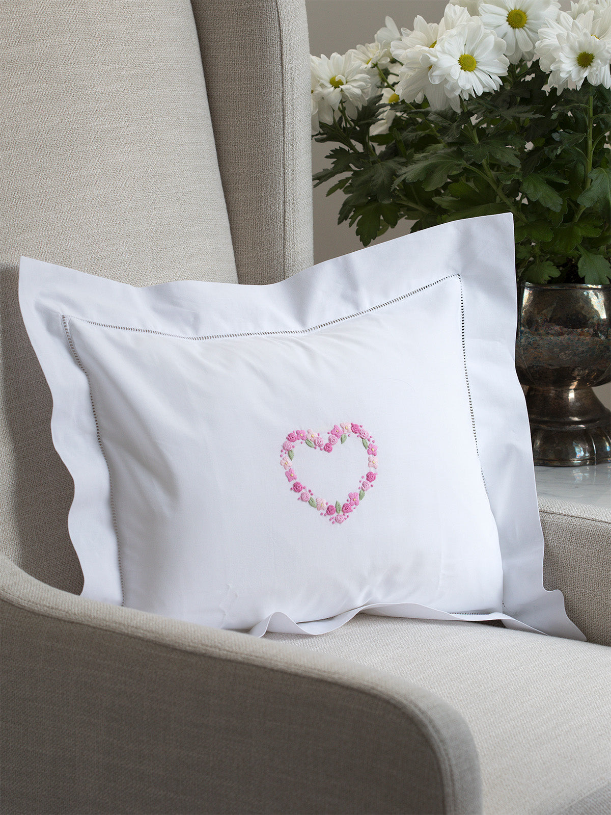 Boudoir Pillow Cover, Embroidered with Hem Stitch
