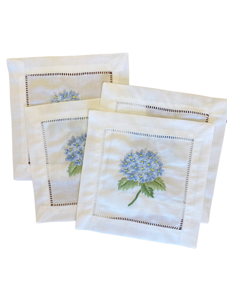 Cocktail Napkins, Embroidered, French Hydrangea (Light Blue), Set of 4 Jacaranda Living