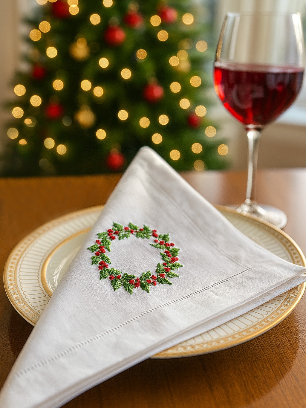 Dinner Napkin, Christmas Berry Wreath, Set of 2