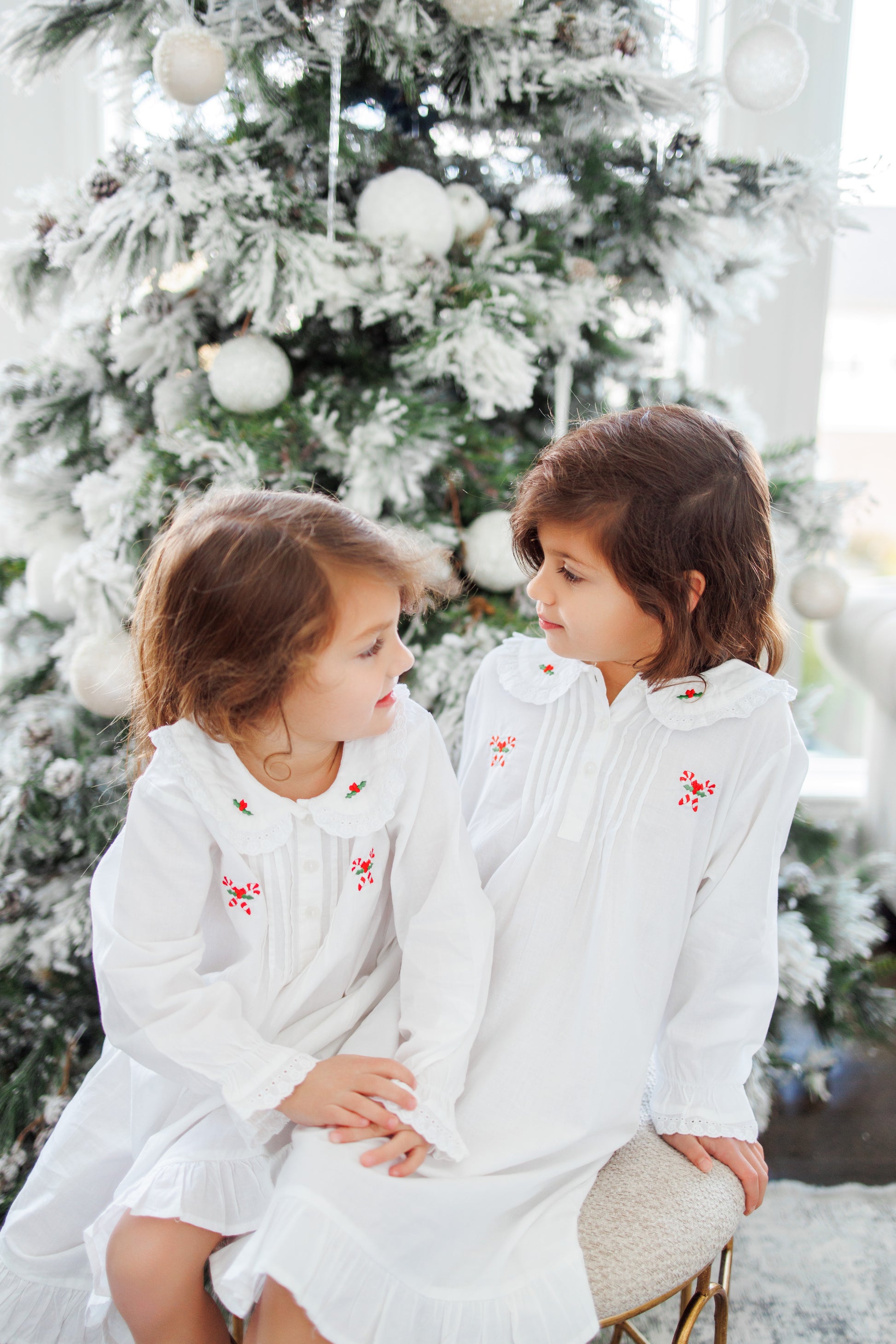 Children's Christmas Outfit, Embroidered Candy Cane White Cotton Dress - Jacaranda Living Children's Christmas Outfit, Embroidered Candy Cane White Cotton Dress - Jacaranda Living