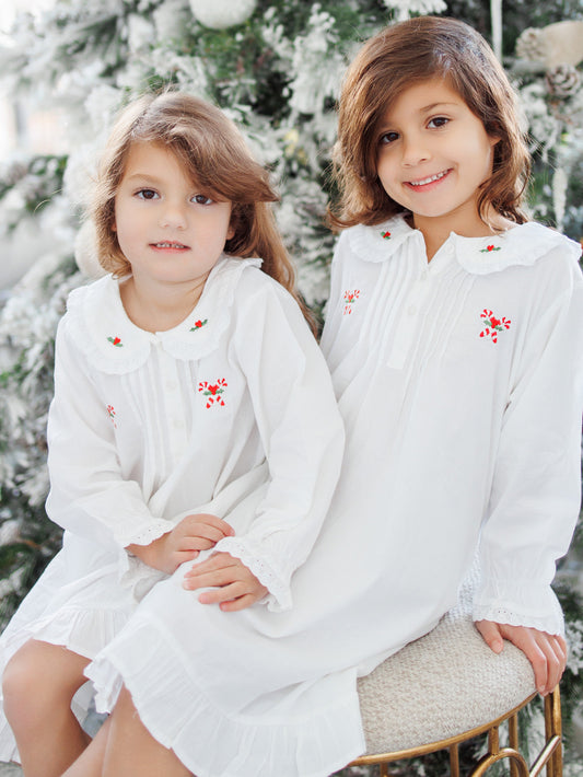 Candy Cane White Cotton Dress, Embroidered