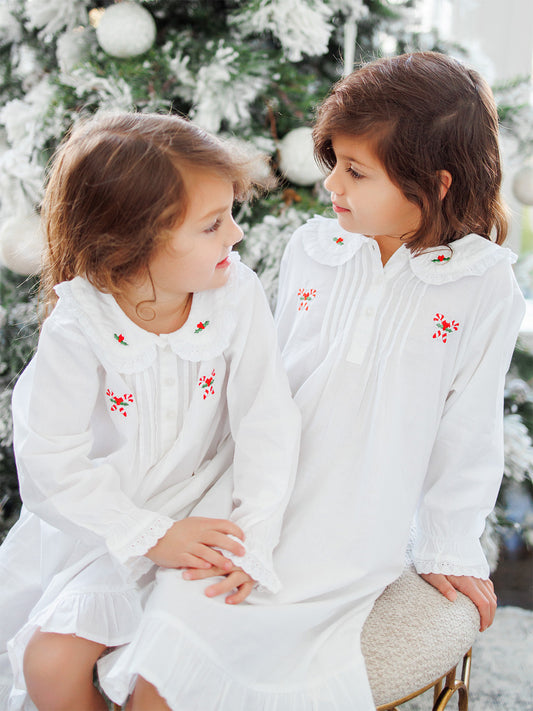 Candy Cane White Cotton Dress, Embroidered