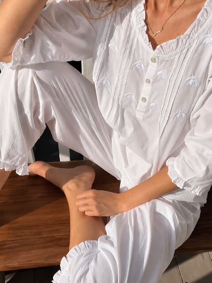 Caroline White Cotton Pajamas, Embroidered