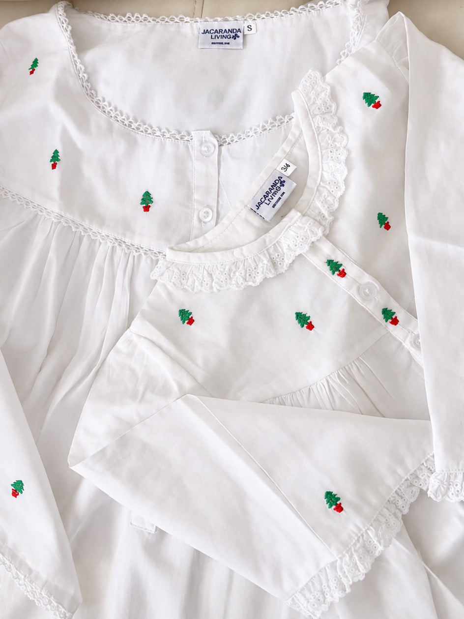 Christmas White Cotton Nightgown, Embroidered