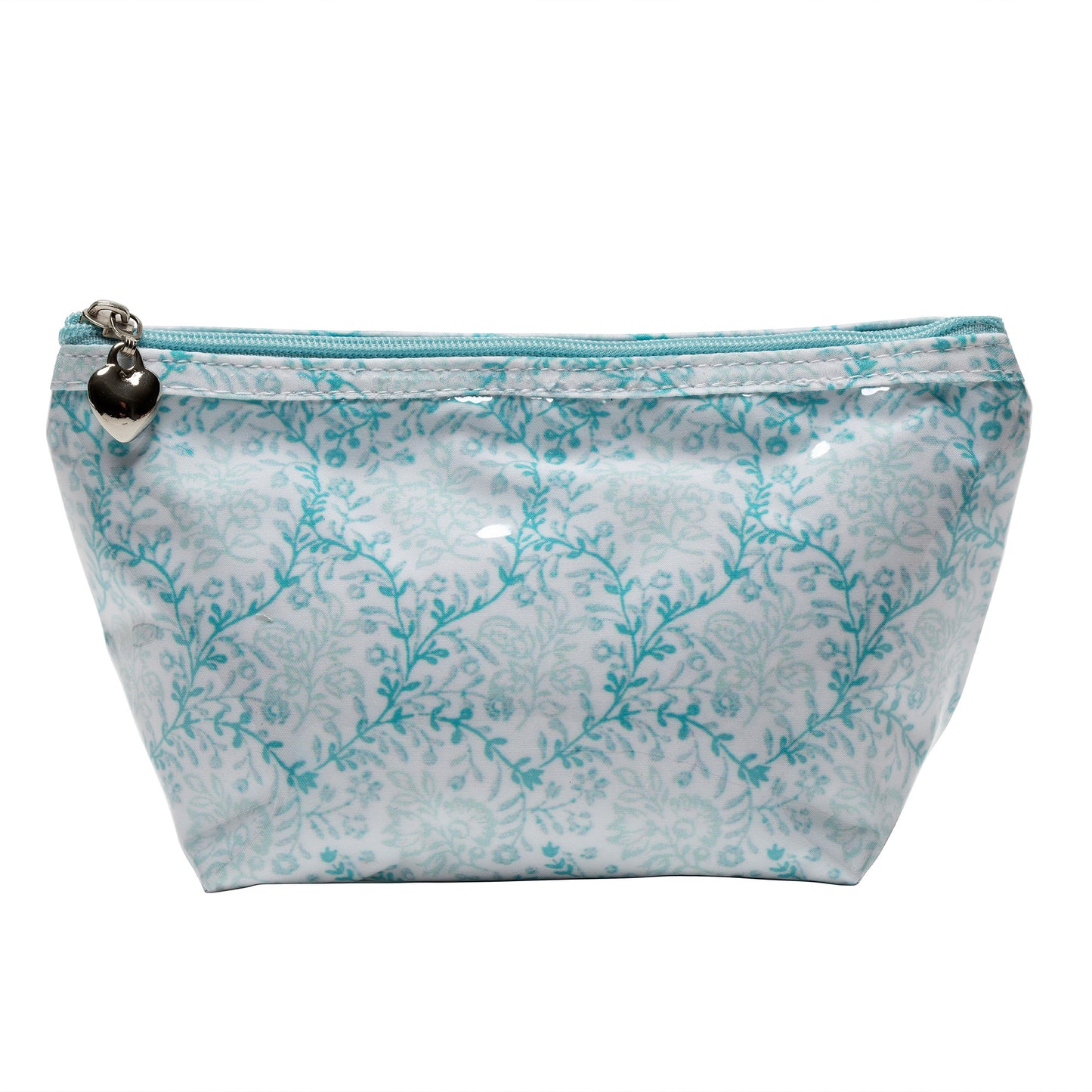 Floral patterned pouch with a silver zipper on a white background