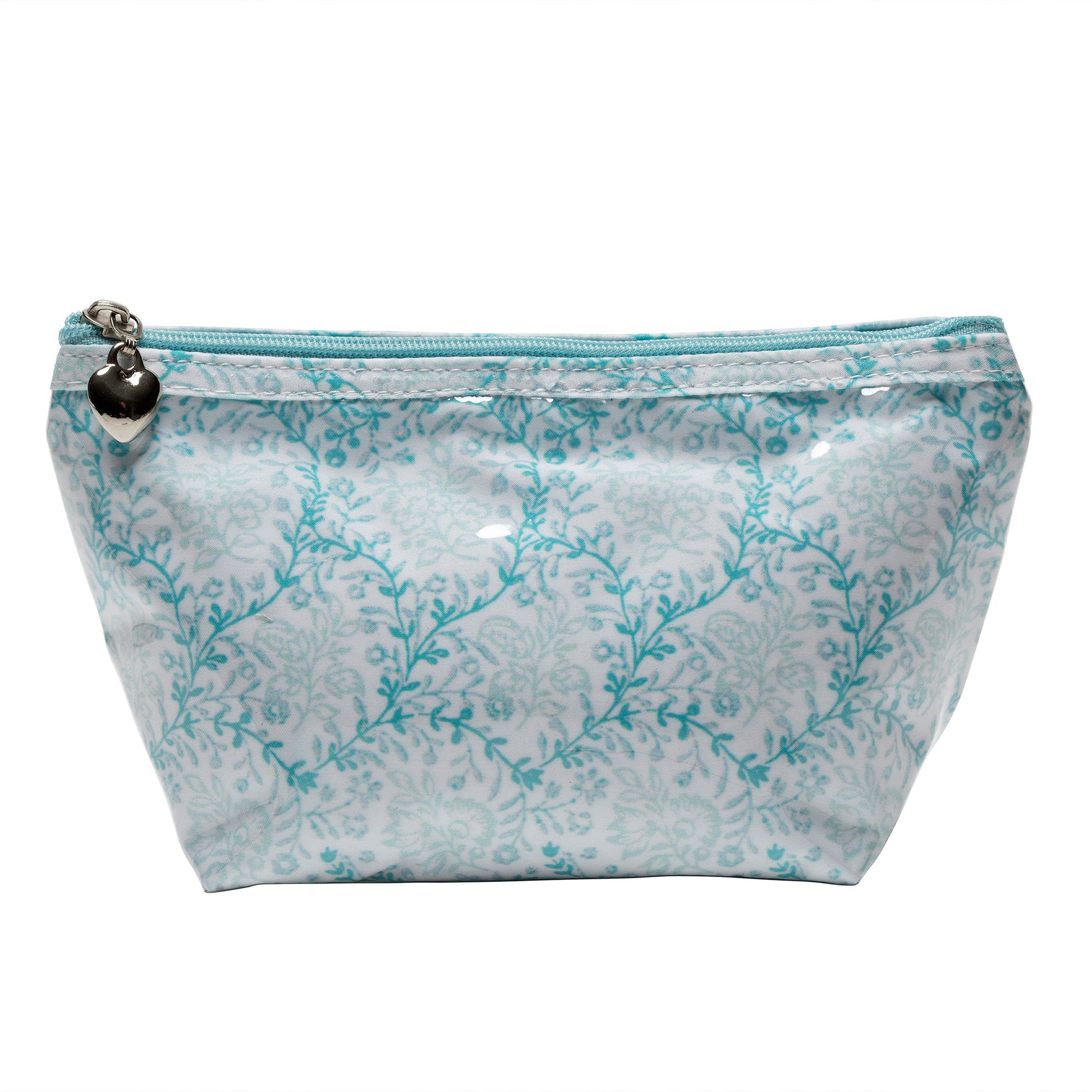Floral patterned pouch with a silver zipper on a white background