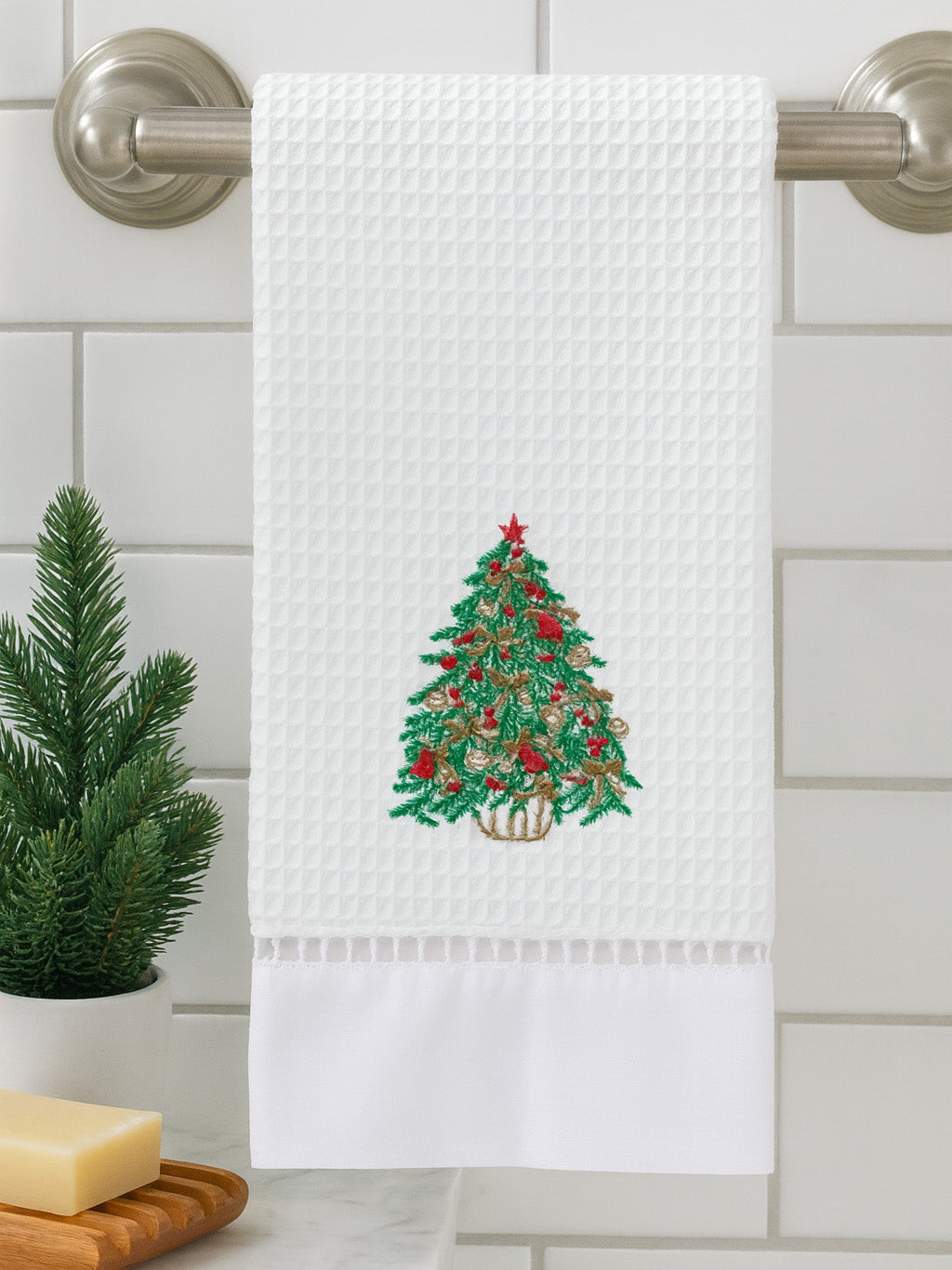 Guest Towel, Waffle Weave, Christmas Tree (Green)