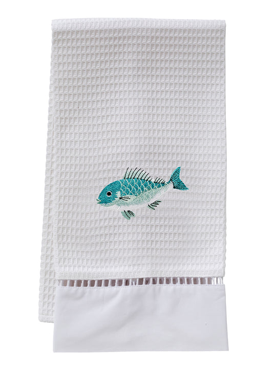 Guest Towel, Waffle Weave, Swimming Fish (Aqua)