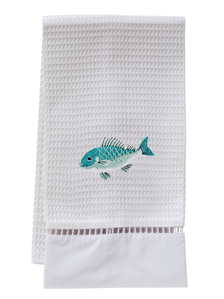 Jacaranda Living Embroidered Guest Towel, Waffle Weave - Swimming Fish  (Aqua)