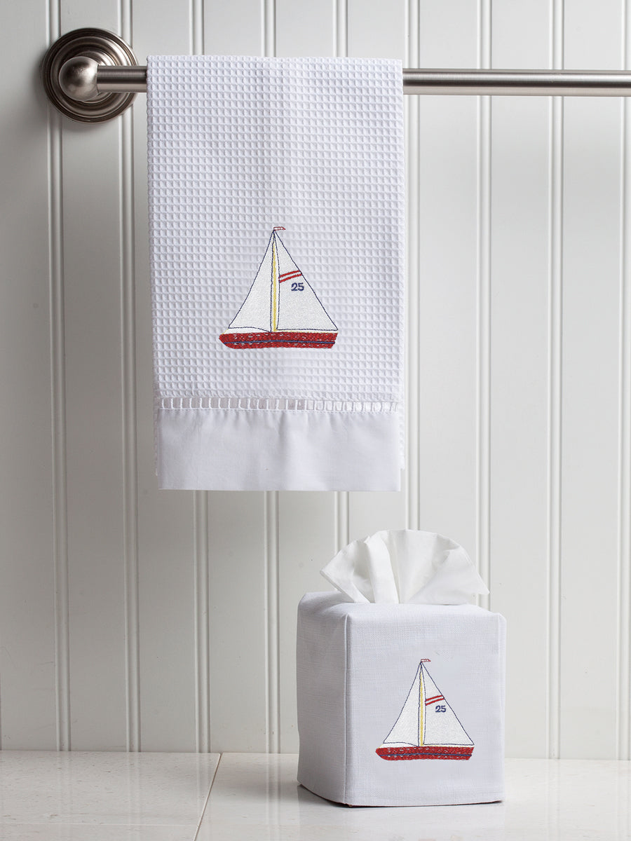 Guest Towel, Waffle Weave, Sailboat (Red, White)